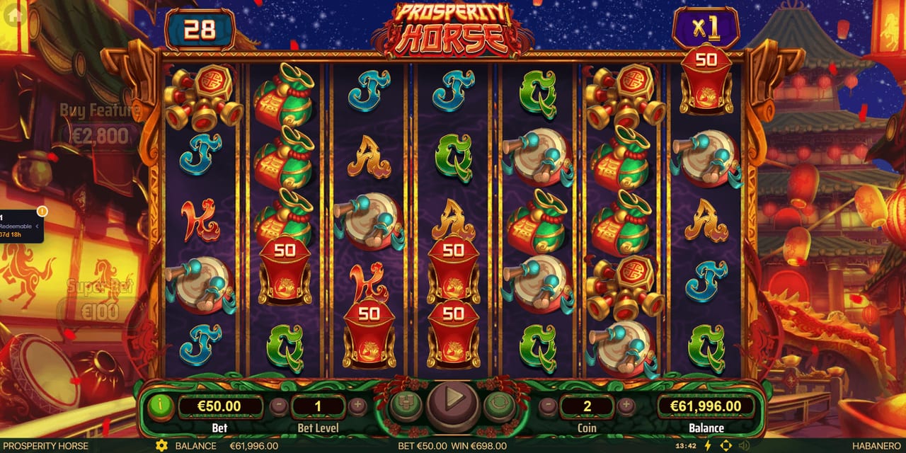 Prosperity Horse red envelope feature across the seven reel grid