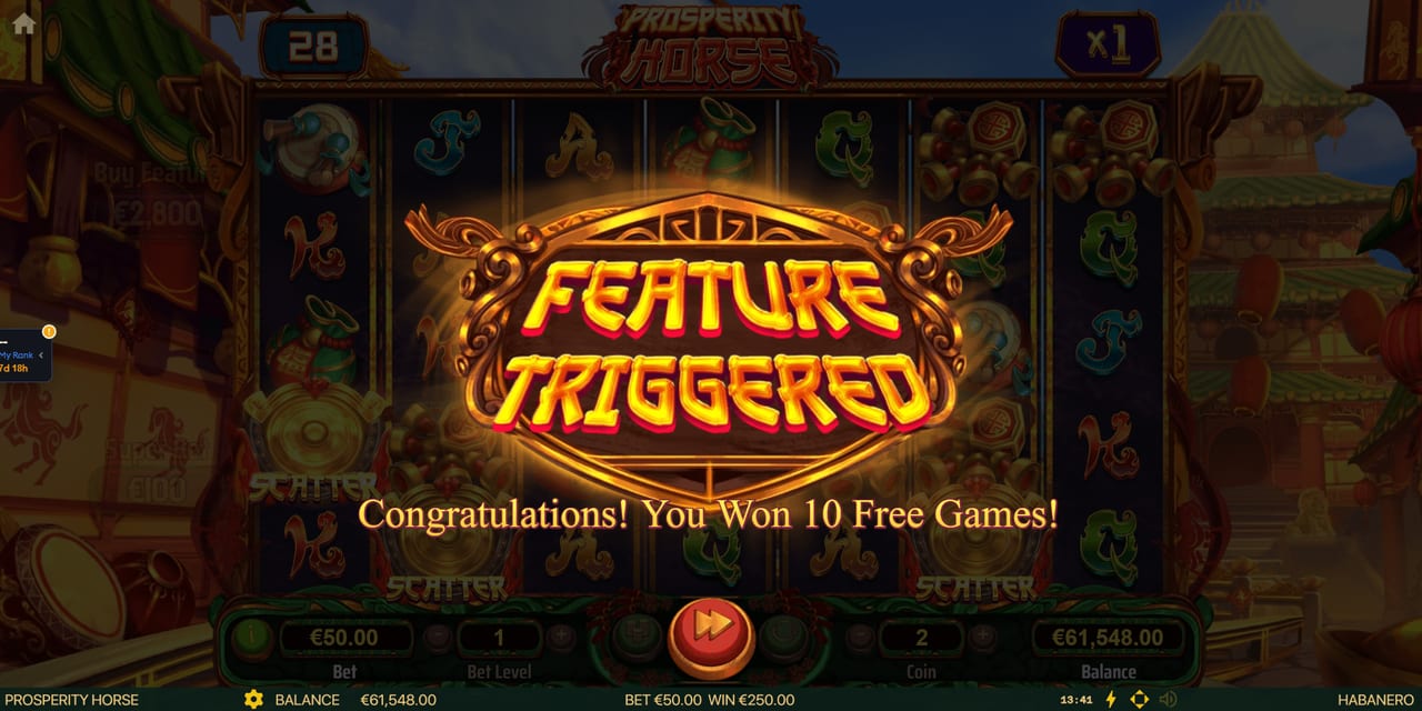 Prosperity Horse Free Games screen with active feature symbols